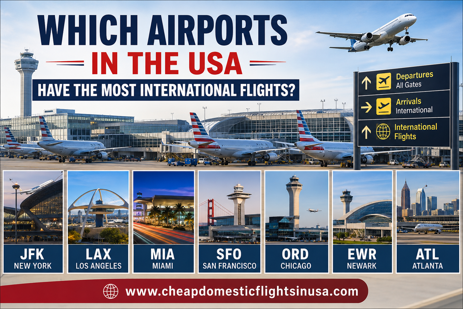 Which airports in the USA have the most international flights?